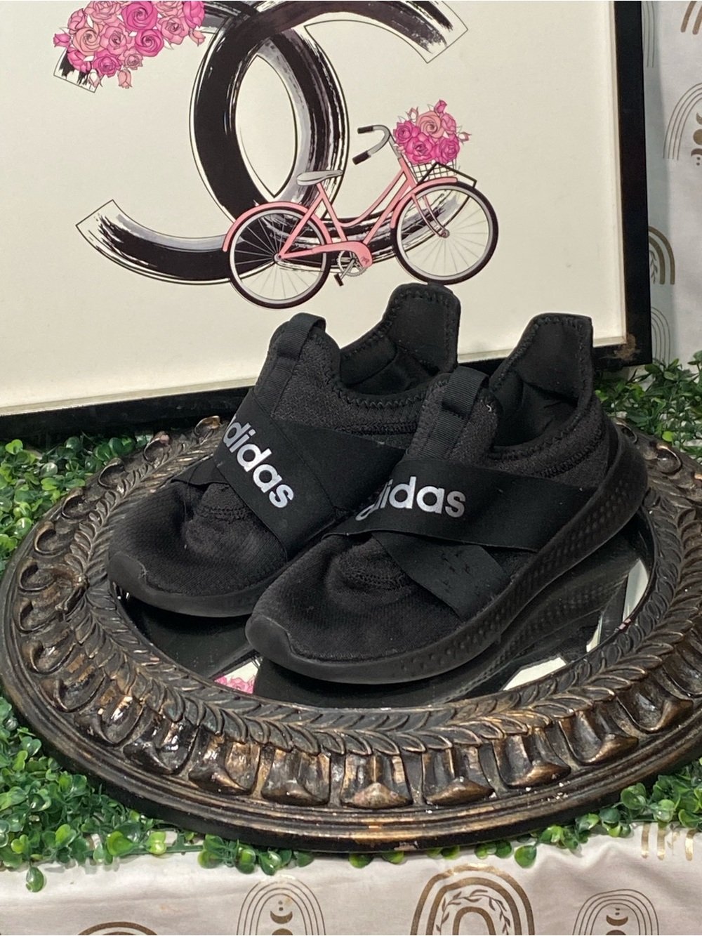 adidas Kids Black Slip-On Athletic Sneakers with Logo Strap